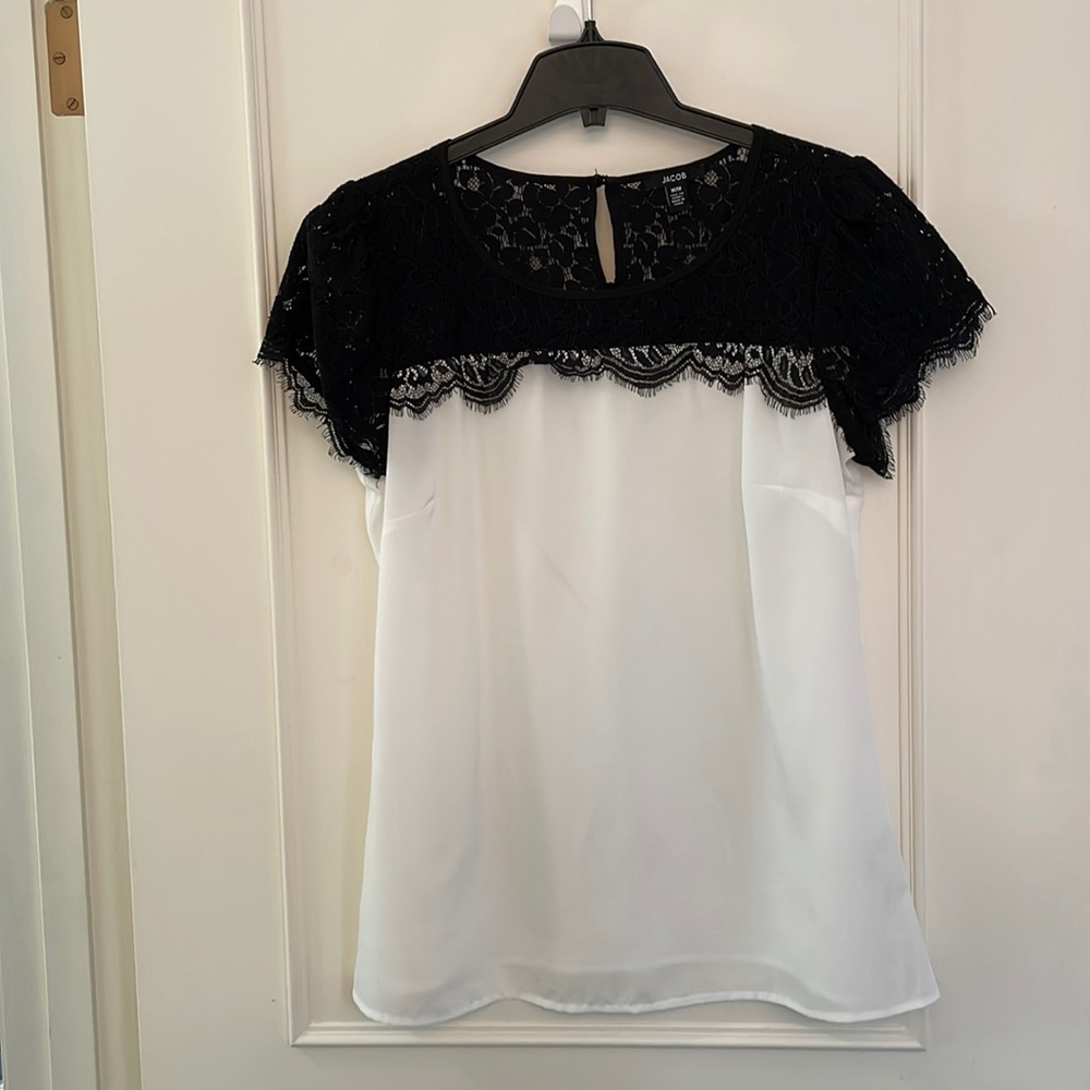 JACOB White Dress Top with Black Lace Details